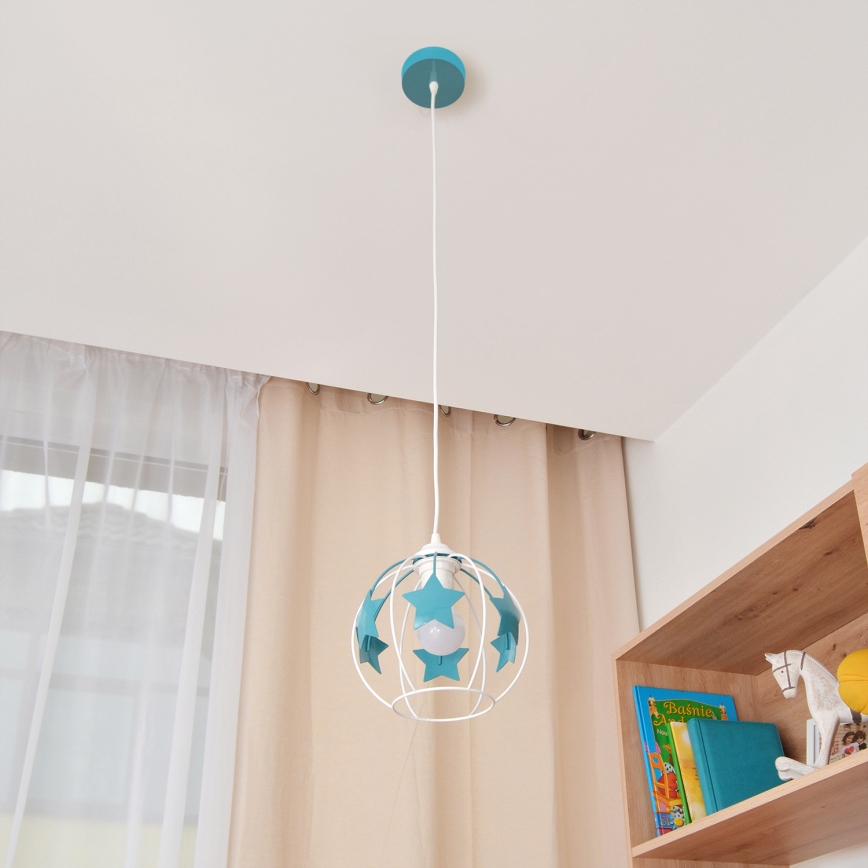 Children's chandelier on a string STARS 1xE27/15W/230V turquoise/white