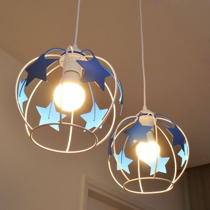 Children's chandelier on a string STARS 2xE27/15W/230V blue/white