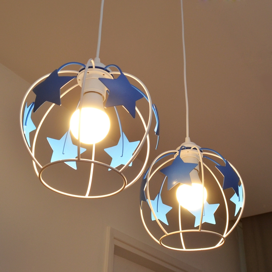 Children's chandelier on a string STARS 2xE27/15W/230V blue/white
