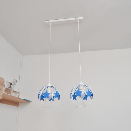 Children's chandelier on a string STARS 2xE27/15W/230V blue/white