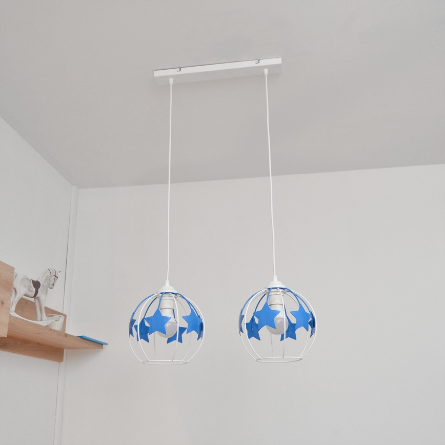 Children's chandelier on a string STARS 2xE27/15W/230V blue/white