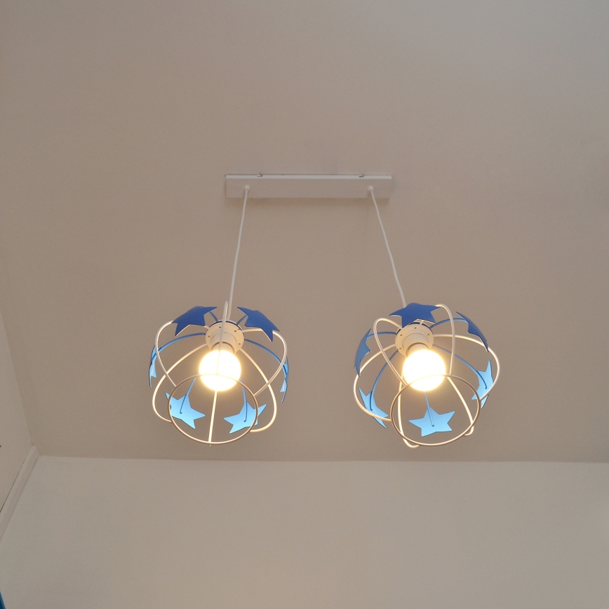 Children's chandelier on a string STARS 2xE27/15W/230V blue/white