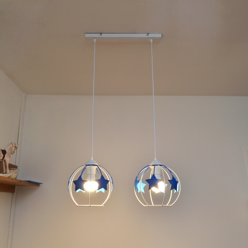Children's chandelier on a string STARS 2xE27/15W/230V blue/white