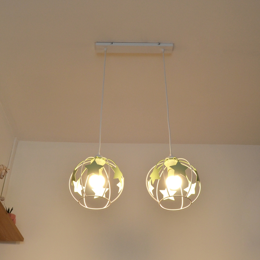 Children's chandelier on a string STARS 2xE27/15W/230V green/white