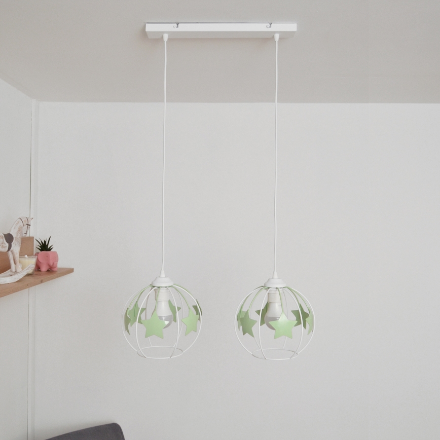 Children's chandelier on a string STARS 2xE27/15W/230V green/white