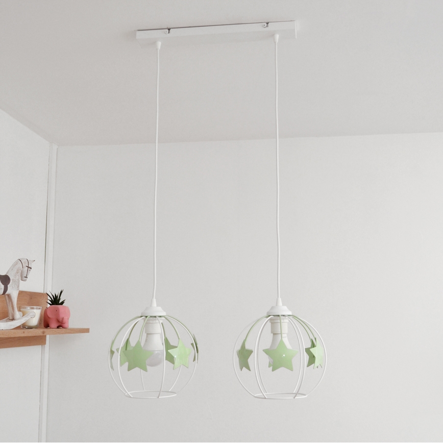 Children's chandelier on a string STARS 2xE27/15W/230V green/white