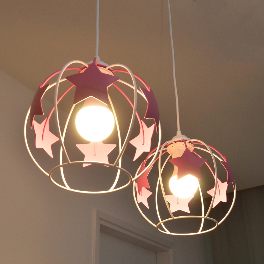 Children's chandelier on a string STARS 2xE27/15W/230V pink/white