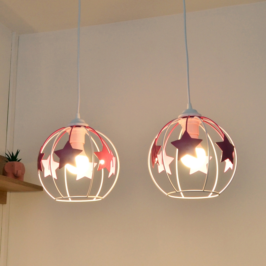 Children's chandelier on a string STARS 2xE27/15W/230V pink/white