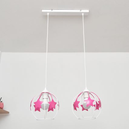 Children's chandelier on a string STARS 2xE27/15W/230V pink/white