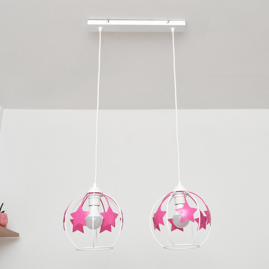 Children's chandelier on a string STARS 2xE27/15W/230V pink/white
