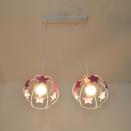 Children's chandelier on a string STARS 2xE27/15W/230V pink/white