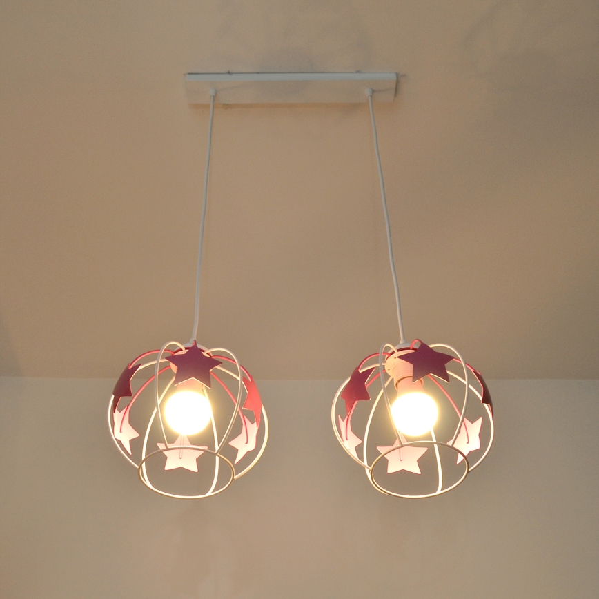 Children's chandelier on a string STARS 2xE27/15W/230V pink/white
