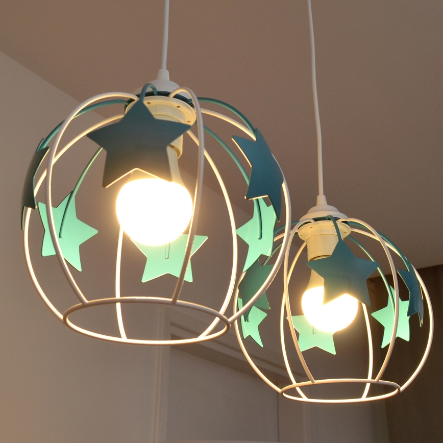 Children's chandelier on a string STARS 2xE27/15W/230V turquoise/white