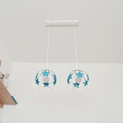 Children's chandelier on a string STARS 2xE27/15W/230V turquoise/white