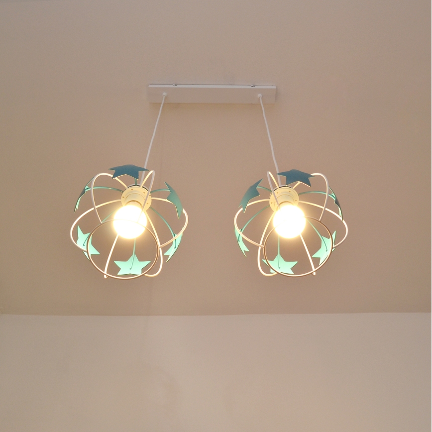 Children's chandelier on a string STARS 2xE27/15W/230V turquoise/white
