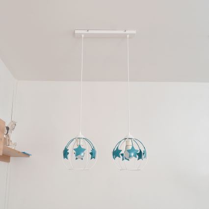 Children's chandelier on a string STARS 2xE27/15W/230V turquoise/white