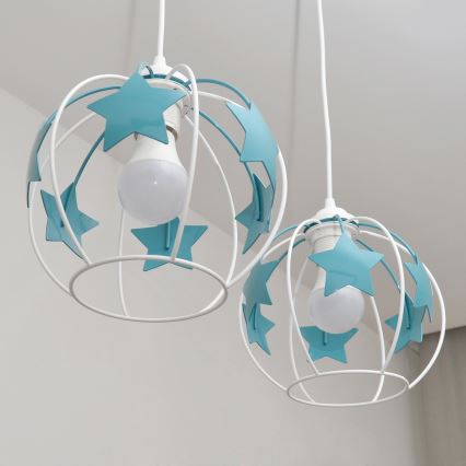 Children's chandelier on a string STARS 2xE27/15W/230V turquoise/white