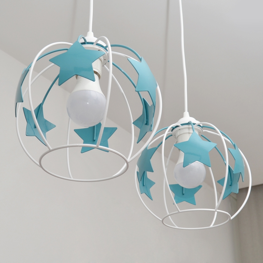 Children's chandelier on a string STARS 2xE27/15W/230V turquoise/white