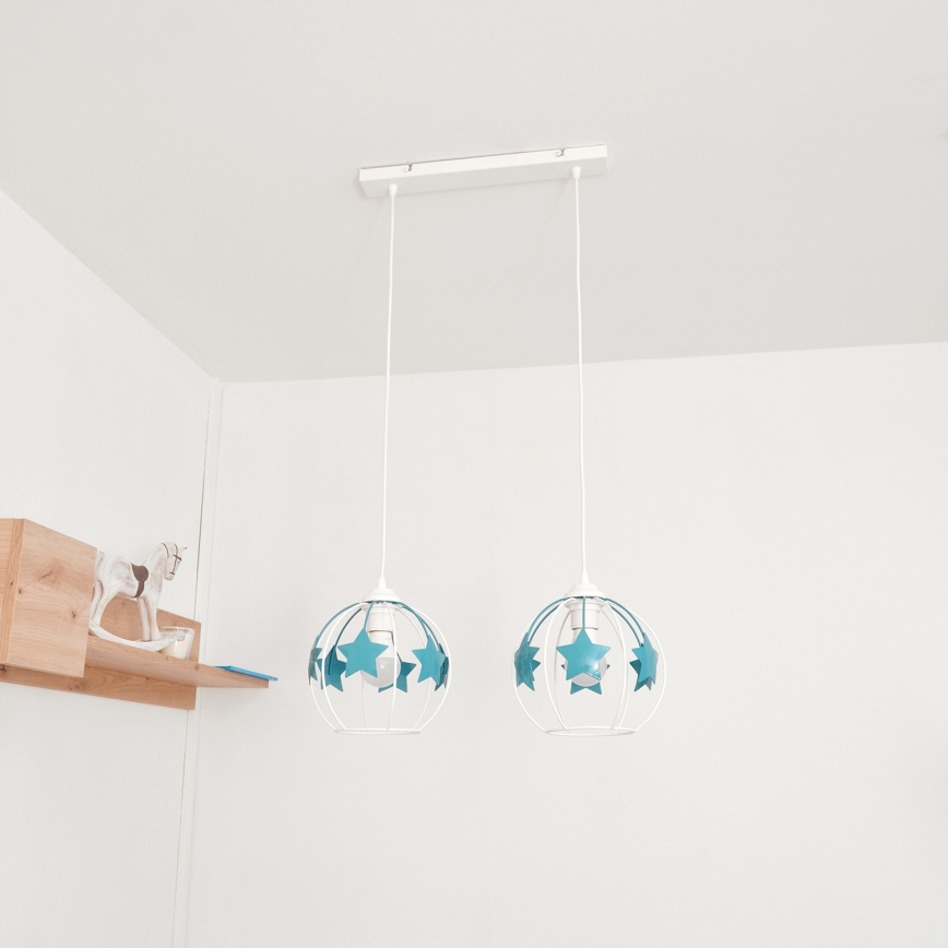 Children's chandelier on a string STARS 2xE27/15W/230V turquoise/white