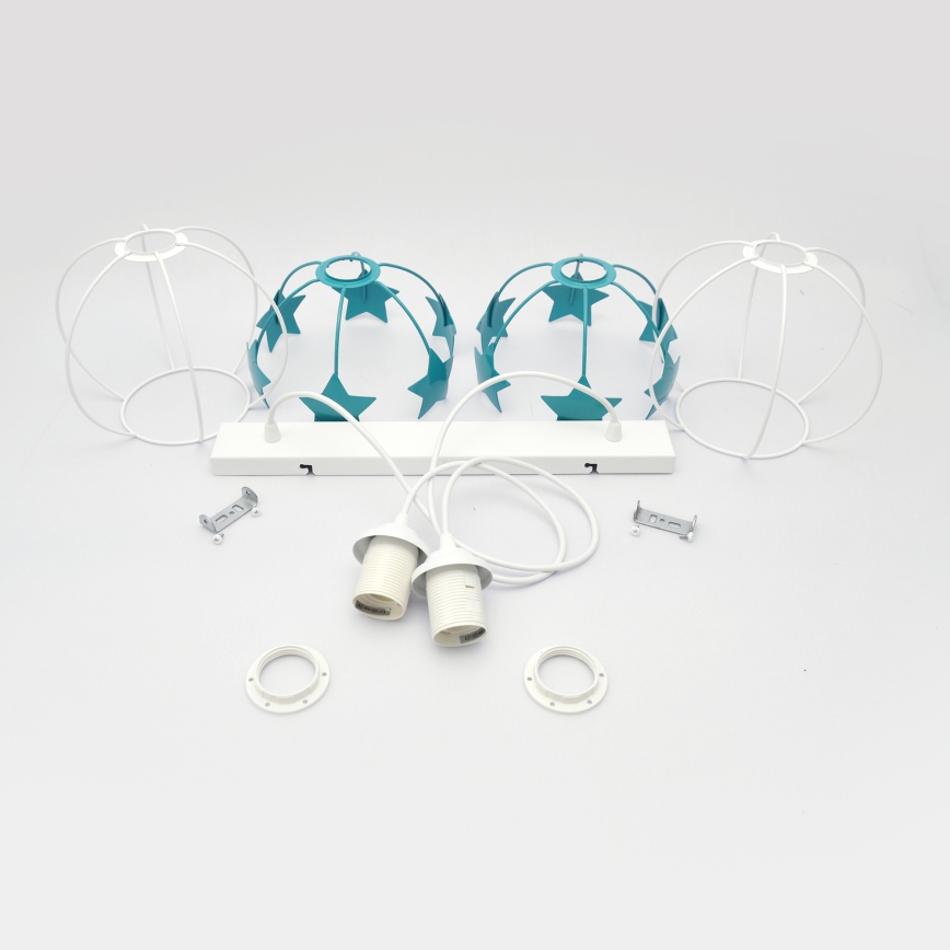 Children's chandelier on a string STARS 2xE27/15W/230V turquoise/white