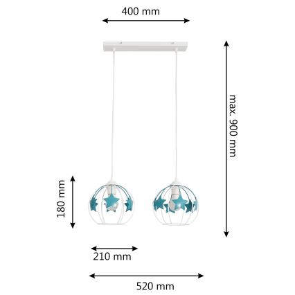 Children's chandelier on a string STARS 2xE27/15W/230V turquoise/white