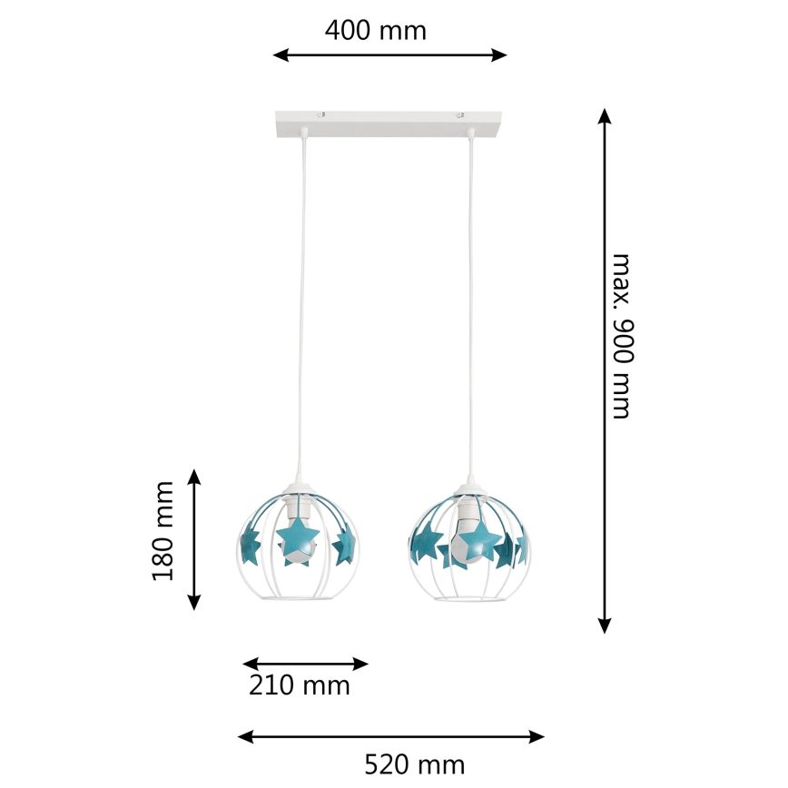 Children's chandelier on a string STARS 2xE27/15W/230V turquoise/white