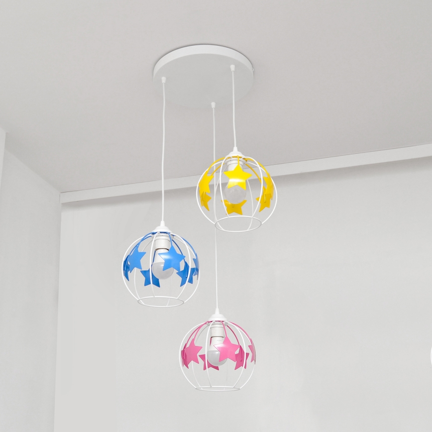 Children's chandelier on a string STARS 3xE27/15W/230V blue/pink/yellow