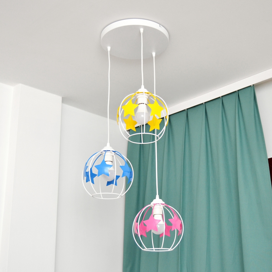 Children's chandelier on a string STARS 3xE27/15W/230V blue/pink/yellow