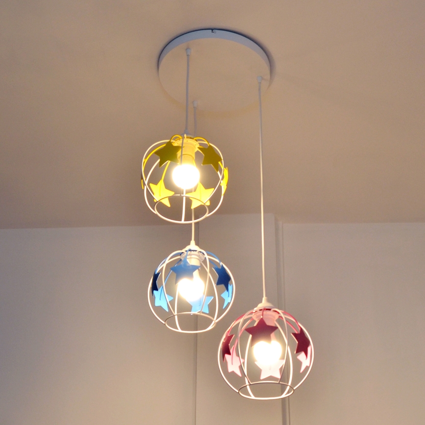 Children's chandelier on a string STARS 3xE27/15W/230V blue/pink/yellow