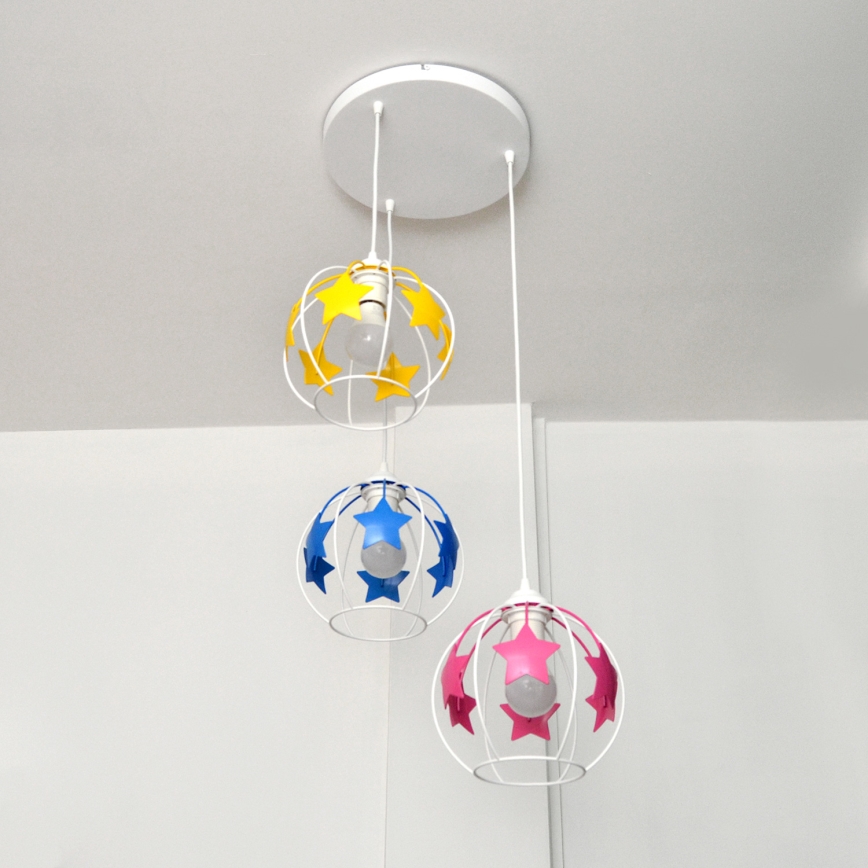 Children's chandelier on a string STARS 3xE27/15W/230V blue/pink/yellow