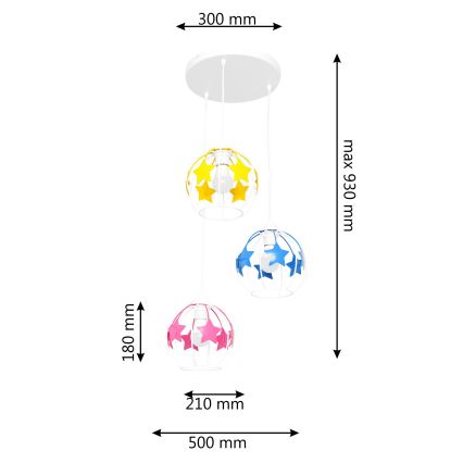 Children's chandelier on a string STARS 3xE27/15W/230V blue/pink/yellow