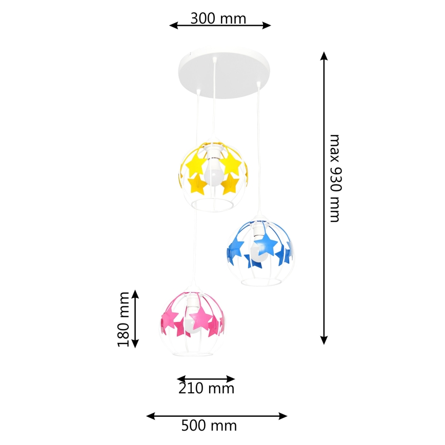 Children's chandelier on a string STARS 3xE27/15W/230V blue/pink/yellow