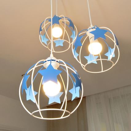 Children's chandelier on a string STARS 3xE27/15W/230V blue/white