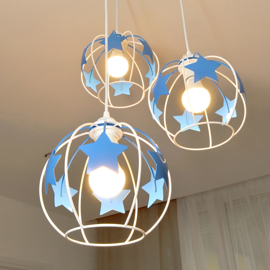 Children's chandelier on a string STARS 3xE27/15W/230V blue/white