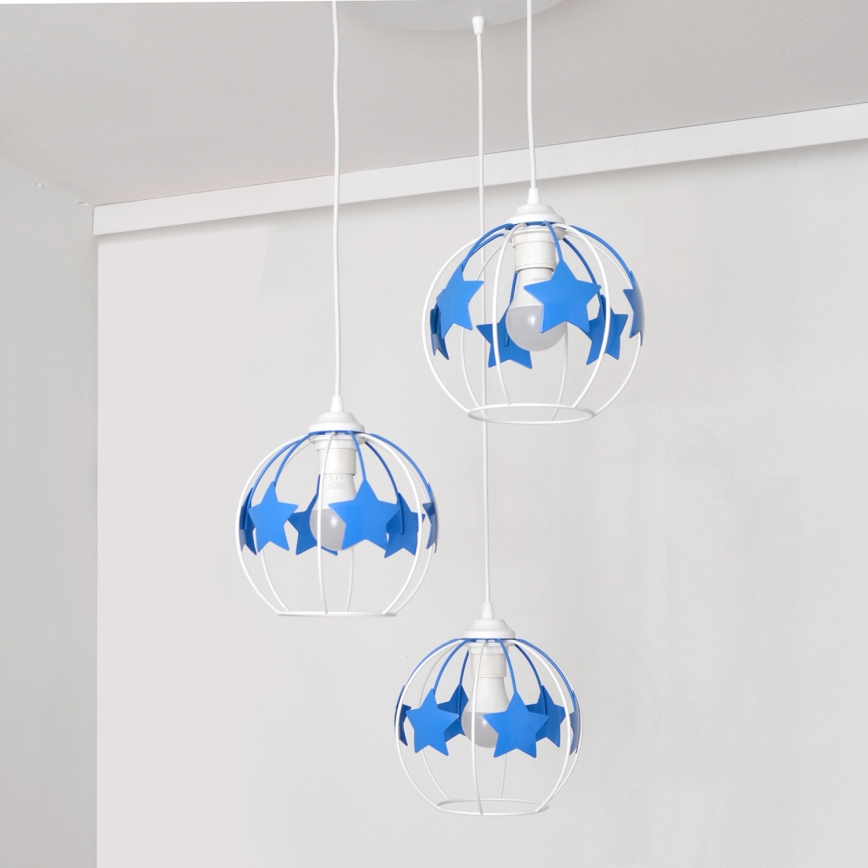 Children's chandelier on a string STARS 3xE27/15W/230V blue/white