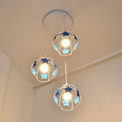 Children's chandelier on a string STARS 3xE27/15W/230V blue/white