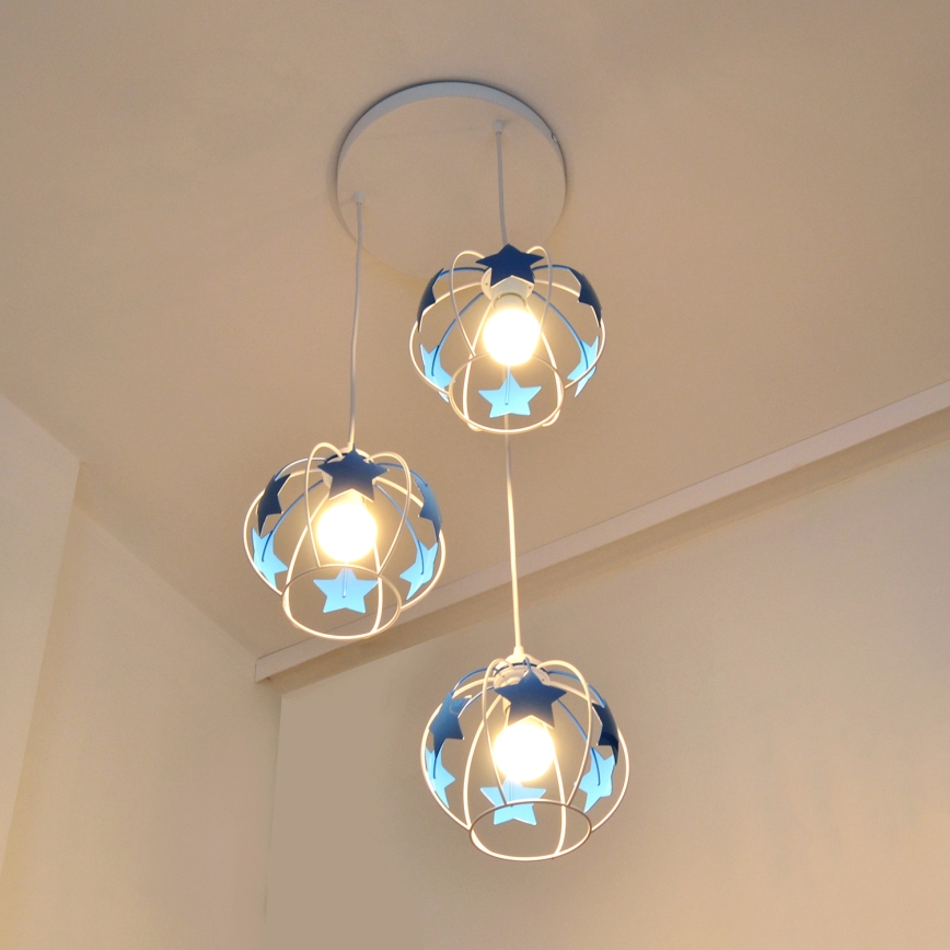Children's chandelier on a string STARS 3xE27/15W/230V blue/white