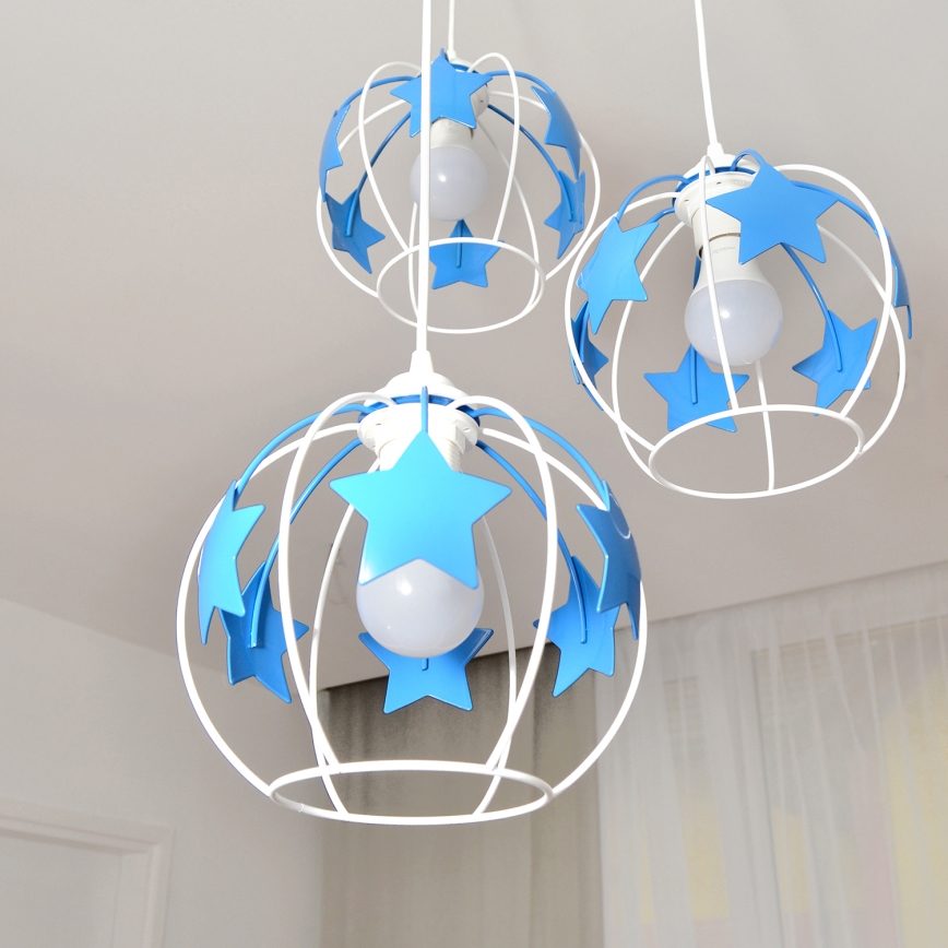 Children's chandelier on a string STARS 3xE27/15W/230V blue/white