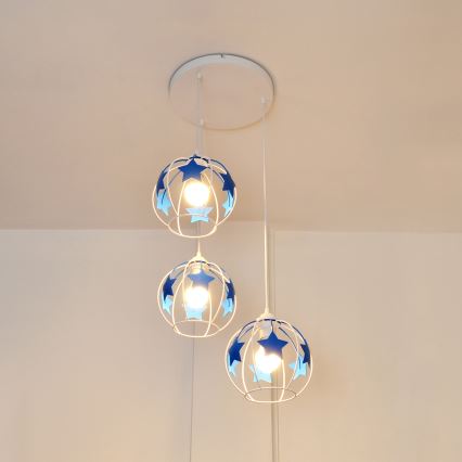 Children's chandelier on a string STARS 3xE27/15W/230V blue/white