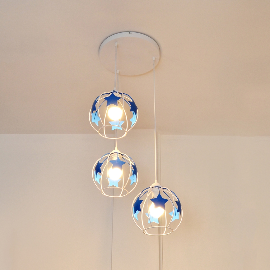 Children's chandelier on a string STARS 3xE27/15W/230V blue/white