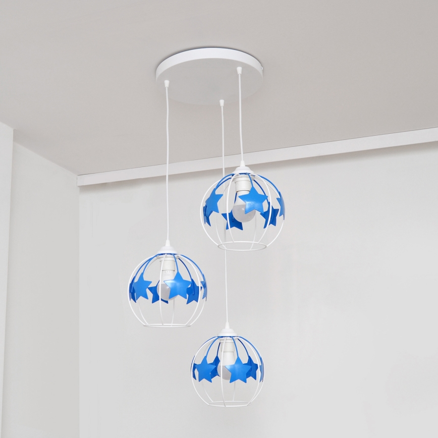 Children's chandelier on a string STARS 3xE27/15W/230V blue/white