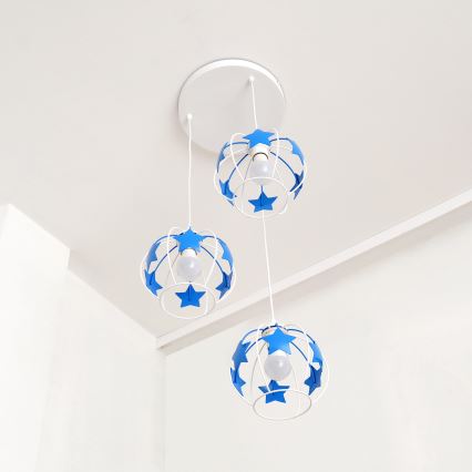 Children's chandelier on a string STARS 3xE27/15W/230V blue/white
