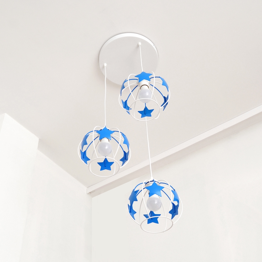 Children's chandelier on a string STARS 3xE27/15W/230V blue/white