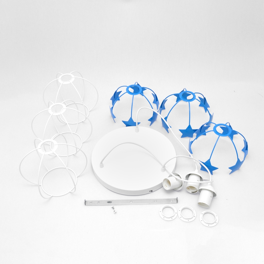 Children's chandelier on a string STARS 3xE27/15W/230V blue/white