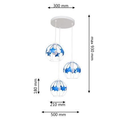 Children's chandelier on a string STARS 3xE27/15W/230V blue/white