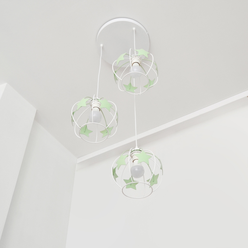 Children's chandelier on a string STARS 3xE27/15W/230V green/white