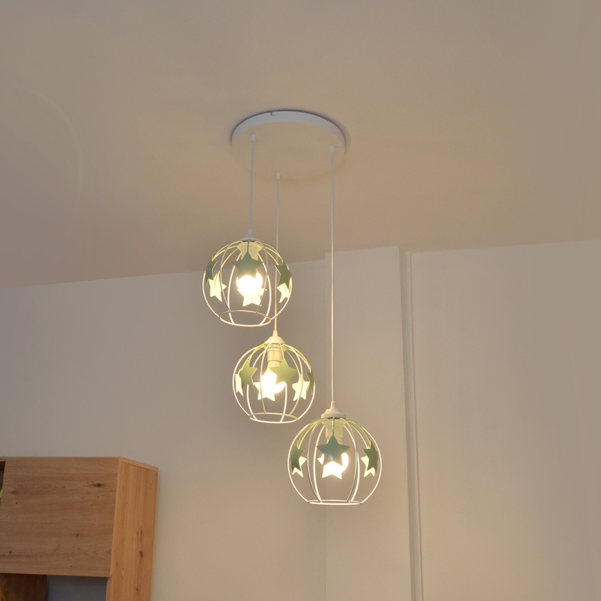 Children's chandelier on a string STARS 3xE27/15W/230V green/white