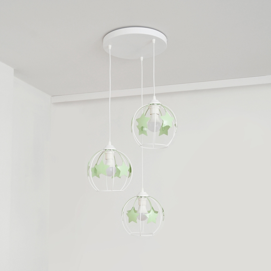 Children's chandelier on a string STARS 3xE27/15W/230V green/white