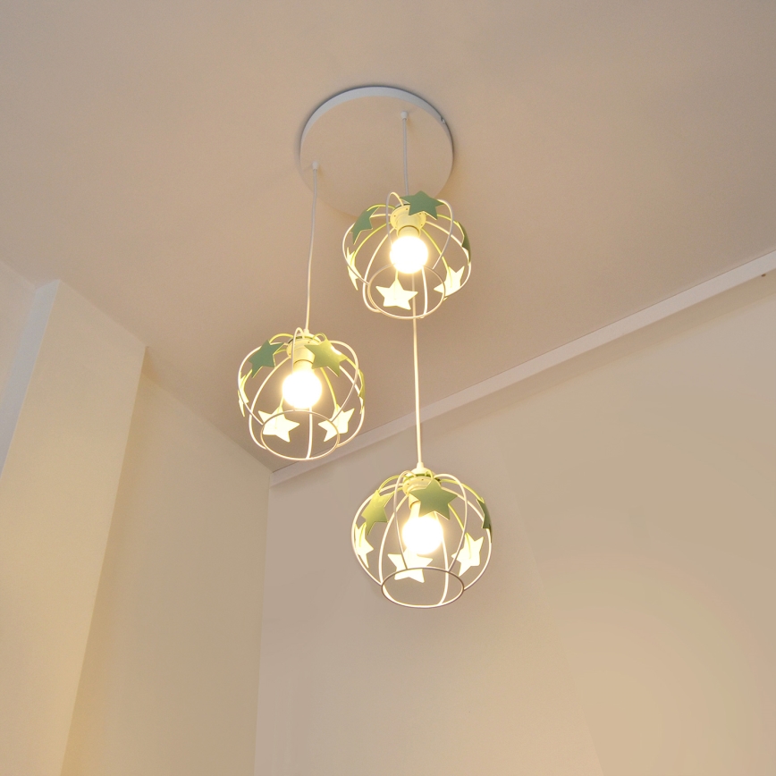 Children's chandelier on a string STARS 3xE27/15W/230V green/white