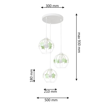 Children's chandelier on a string STARS 3xE27/15W/230V green/white